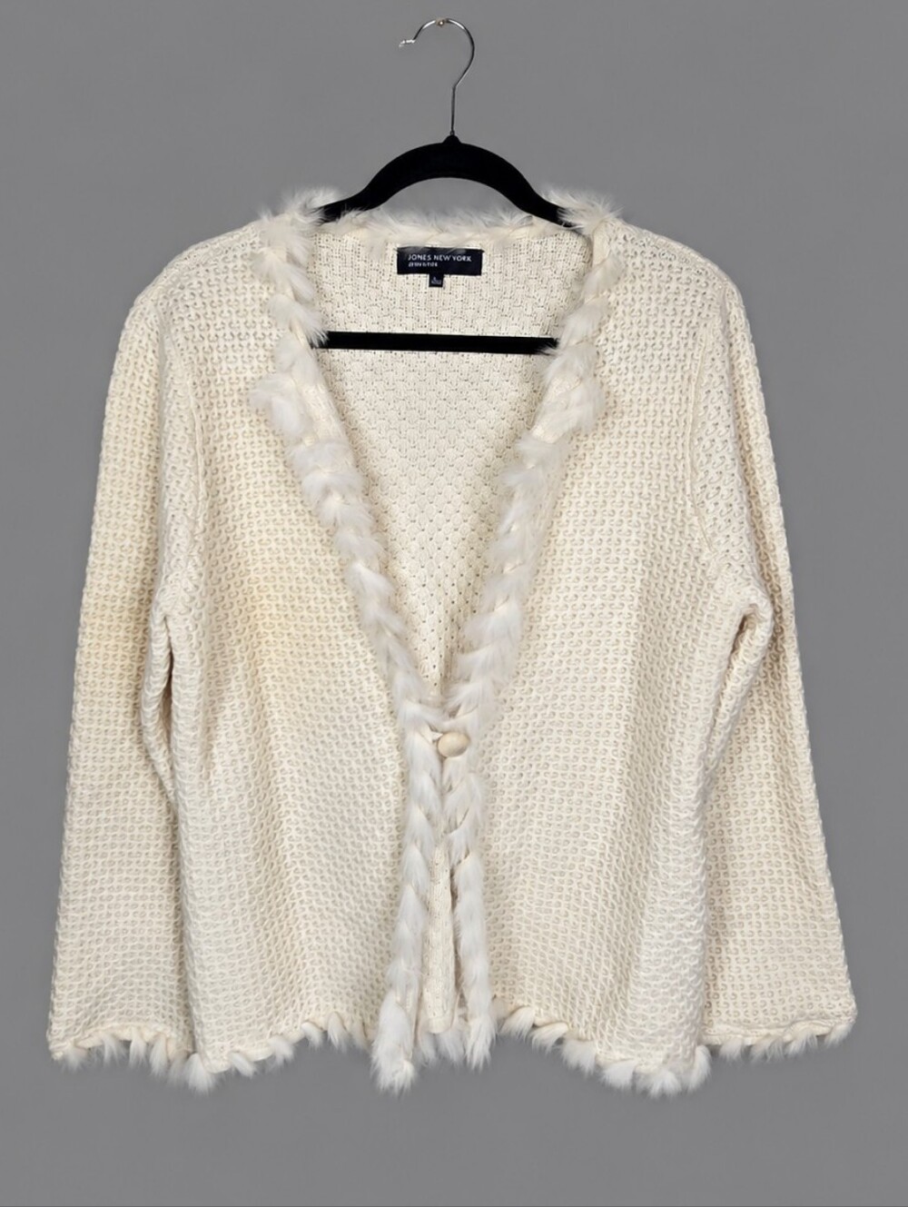 Jones New York Signature Angora Wool Rabbit Fur Trim Open Knit Cardigan Large